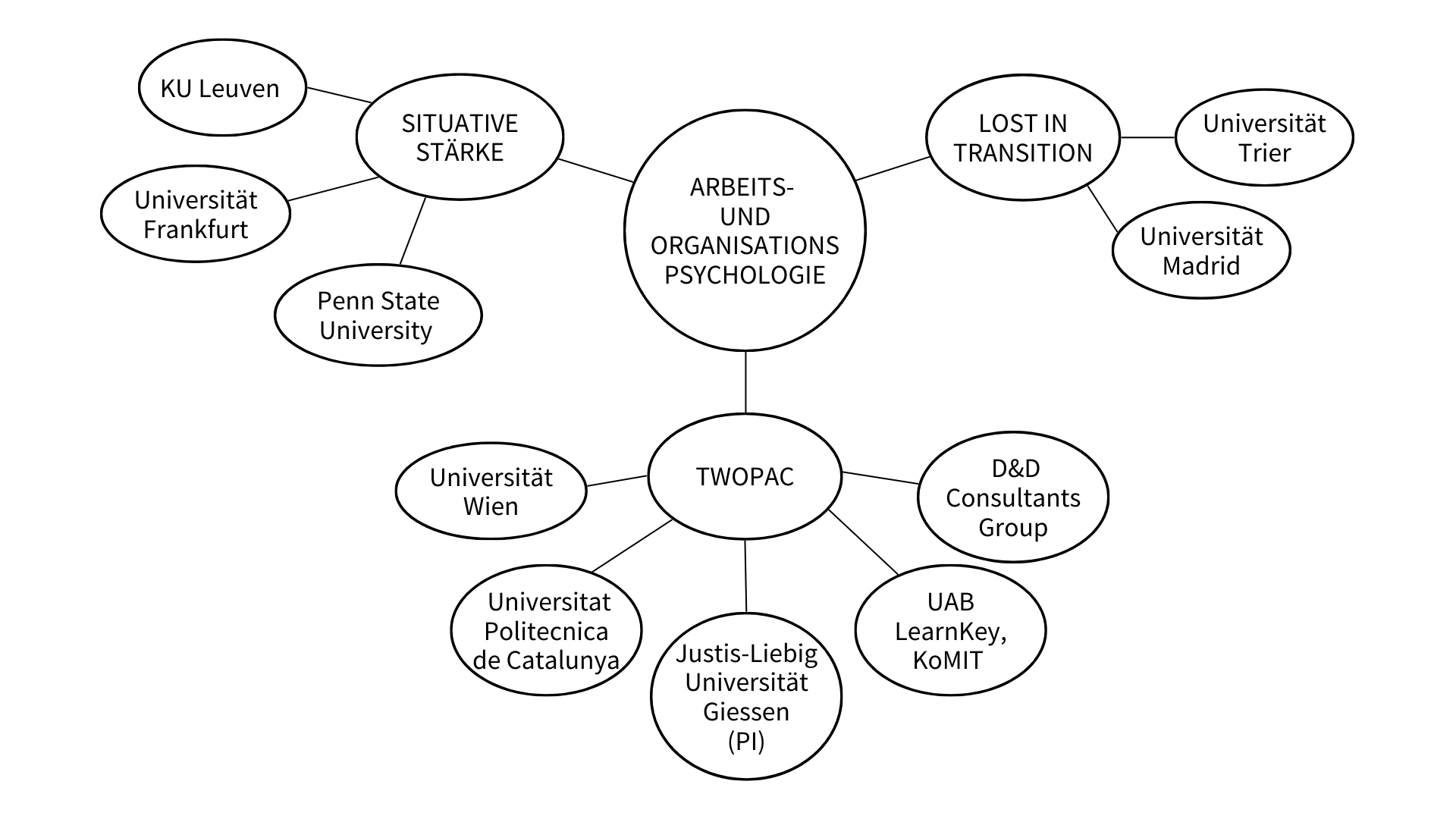 Grafik stellt Kooperationspartner in diversen Projekten dar: -	Situative Stärke: KU Leuve, Universität Frankfurt, Penn State University -	TWOPAC: Universität wien, Universitat Plitecnica de Catalunya, Justis-Liebig Universität Giessen, UAB LernKey KoMIT, D&D Consultants Group -	Lost in Transition: Universität Trier, Universität Madrid 